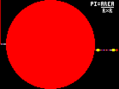 A large red circle with pixels on the side
